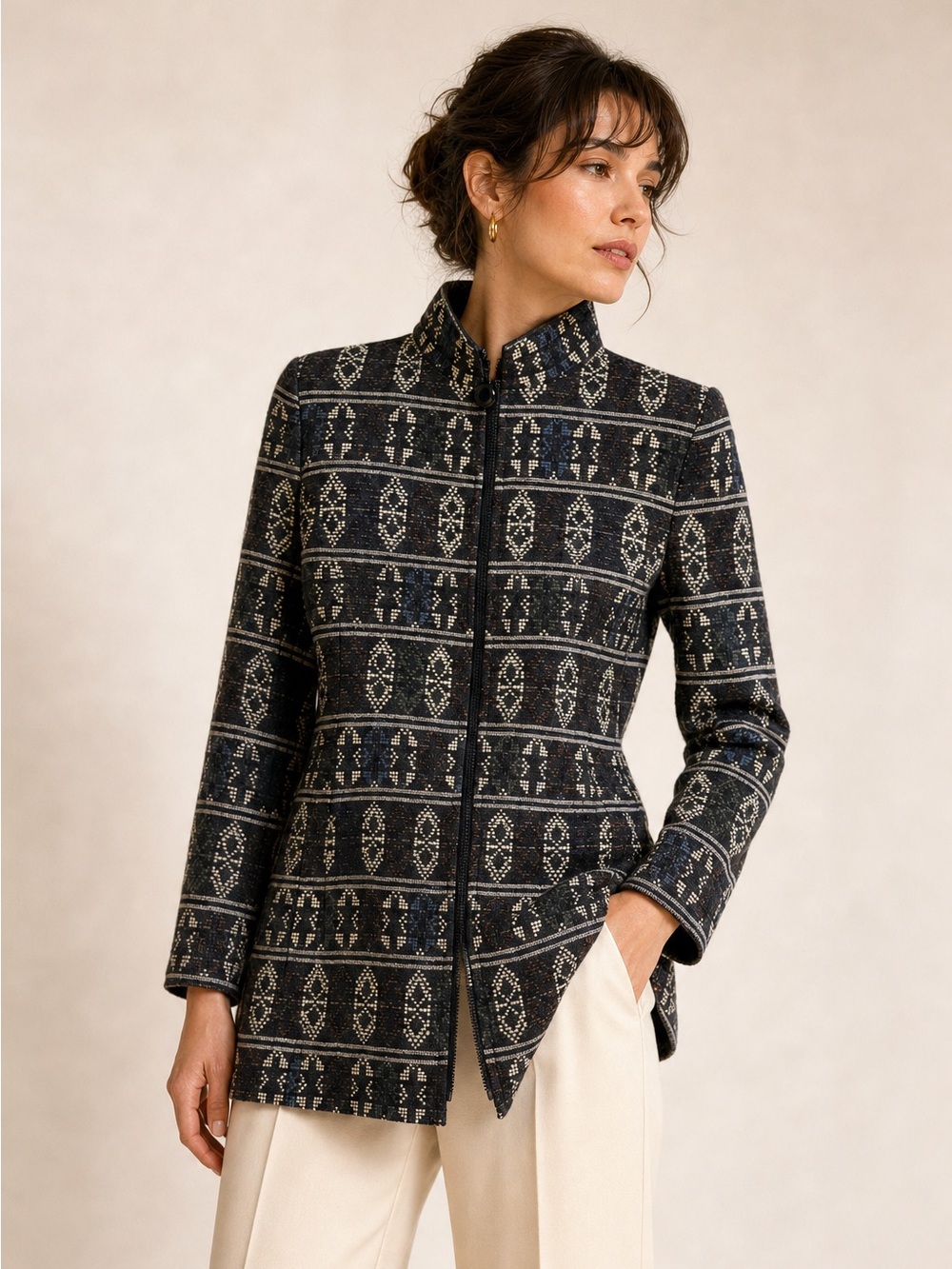 Akris Punto Wool Blend Zip Front Coat Charcoal Ivory‎ Blue Pattern Sz 6